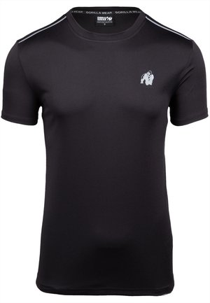Zwart sportshirt met korte mouwen, gemaakt van een gladde stof. Bevat een klein wit gorilla-logo op de linkerborst en minimale zilveren accentstroken.