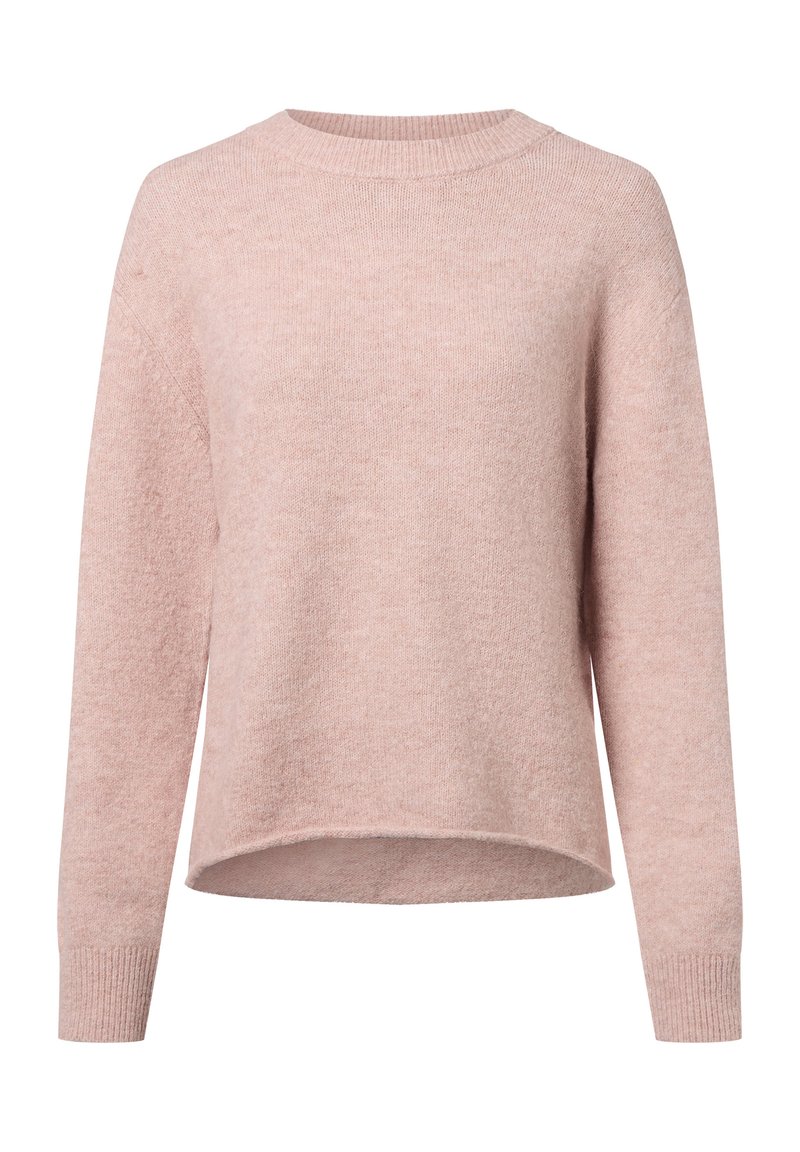 Helles rosa Sweatshirt mit Rundhalsausschnitt, langen Ärmeln und lockerer Passform. Aus einem weich strukturierten Material mit Rippbündchen und Saum gefertigt.
