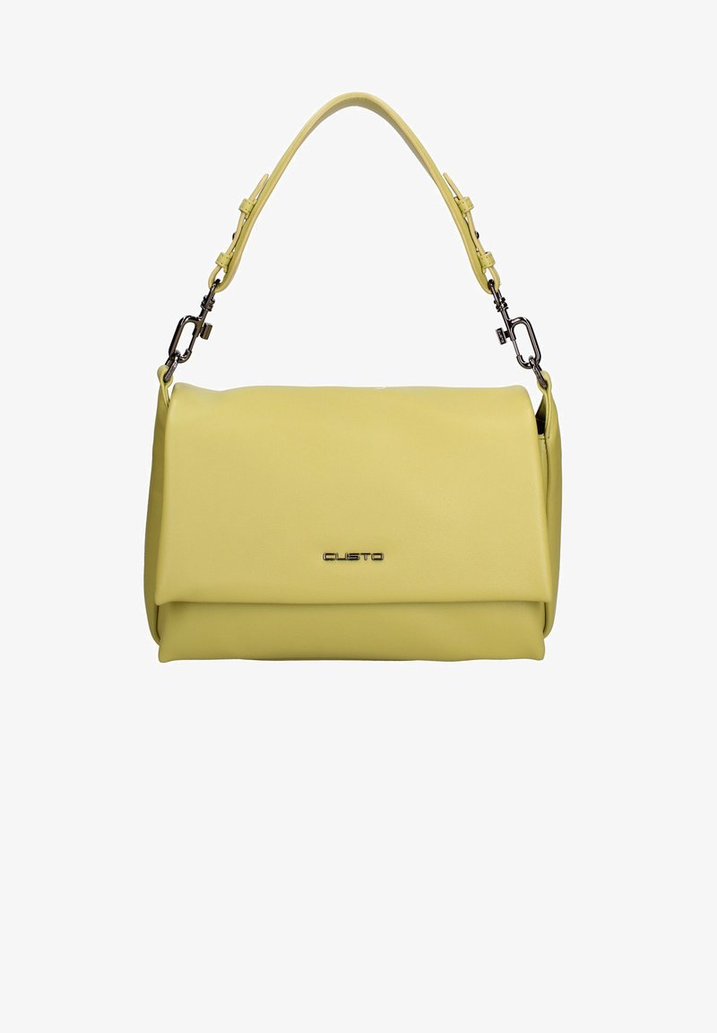 Borsa in pelle gialla con un design strutturato, caratterizzata da una parte superiore pieghevole, un manico corto e dettagli metallici. Logo visibile davanti.