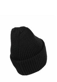Black knit beanie with a textured finish, featuring a rounded top and a ribbed cuff. Designed for warmth and comfort.