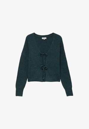 Teal knitted sweater with a deep V-neck and tie closures at the front. Long sleeves and a cropped design with a soft texture.
