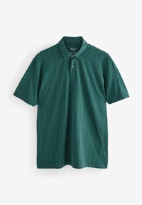 Camisa polo verde oscuro de manga corta, con un sutil estampado de hojas, un collar clásico y dos botones en la parte del cuello.