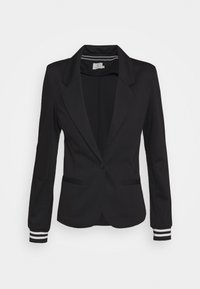 Blazer noir à coupe ajustée, avec revers crantés, deux poches avant, et des accents rayés sur les poignets. Tissu lisse, fermeture par un seul bouton.