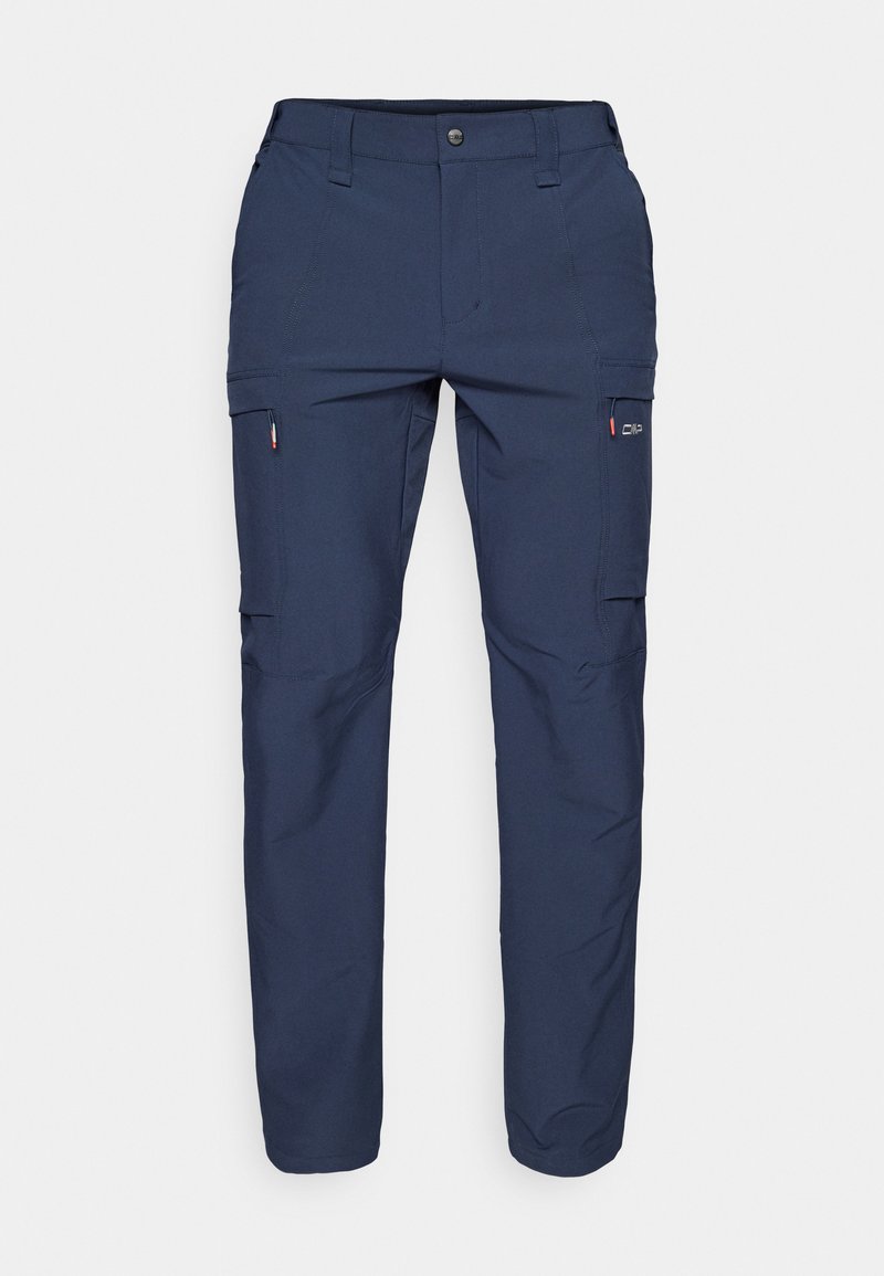 Granatowe spodnie cargo wykonane z lekkiego materiału, z wieloma kieszeniami, kieszenią zapinaną na zamek z boku oraz mocnymi szwami.