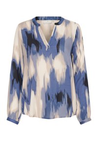 Blouse à manches longues aux tons bleus, blancs et foncés ; présente un col en V, une coupe ample et un motif tie-dye subtil. Tissu doux et léger.