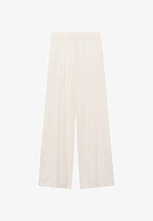 Bielé nohavice s širokými nohavicami z ľahkej tkaniny, bez viditeľných vzorov a hardvérových detailov, s hladkým povrchom.