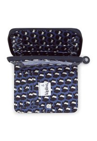 Kipling wallet featuring a navy and white geometric pattern, fabric material, multiple card slots, and a snap closure. Interior lined with contrasting design.