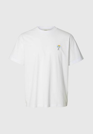 Fehér rövid ujjú póló kis pálmafa és nap hímzéssel a bal mellrészen, kerek nyakkivágás, laza fazon.