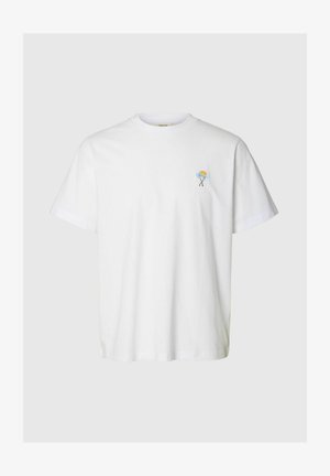 Fehér rövid ujjú póló kis pálmafa és nap hímzéssel a bal mellrészen, kerek nyakkivágás, laza fazon.