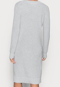 Robe-pull tricotée gris clair, longueur genou, manches longues, portée par une personne debout vue de dos.