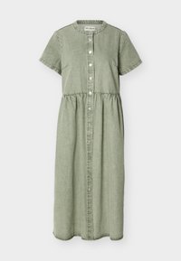 Πράσινο midi φόρεμα με κοντά μανίκια, στρογγυλή λαιμόκοψη, σφηκοειδές στη μέση και κούμπωμα με κουμπιά στο μπροστινό μέρος.