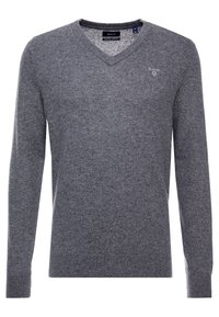 Grijze gebreide trui met een V-hals, lange mouwen en geribbelde manchetten. Beschikt over een klein logo op de borst; gemaakt van zachte, textuurstof.