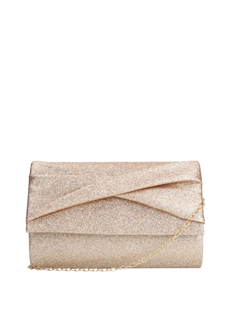 Pochette en paillettes dorées avec un design plié, fabriquée en matériau synthétique texturé, dotée d'une chaîne dorée. Forme rectangulaire compacte.