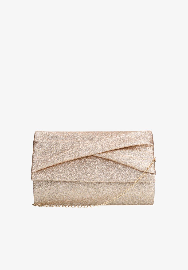 Gouden glitter clutch met een gevouwen ontwerp, gemaakt van gestructureerd synthetisch materiaal, met een gouden kettingriem. Compacte rechthoekige vorm.