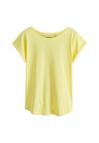 T-shirt en coton jaune à manches courtes légèrement retroussées, col rond et coupe décontractée. Texture lisse et design simple, adapté pour un usage quotidien.