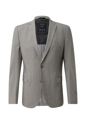 Blazer da uomo grigio chiaro con rever intagliati, due bottoni, tasche con pattina e fodera interna nera con etichetta "s.O PURE" sul colletto.