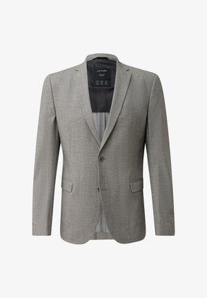 Hellgrauer Herrenblazer mit Kerbklappen, zwei Knöpfen, Pattentaschen und schwarzem Innenfutter mit der Aufschrift "s.O PURE" am Kragen.