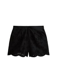 Svarta shorts tillverkade av broderad tyg med blommönster, med vågig fåll och utskurna detaljer. Slät textur och avslappnad passform.