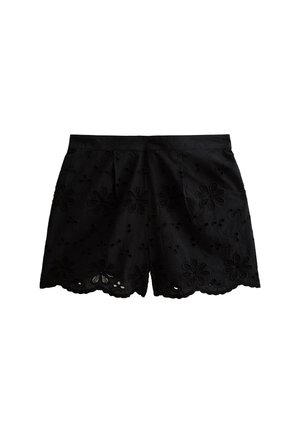 Shorts noirs en tissu brodé avec des motifs floraux, présentant un ourlet festonné et des découpes. Texture lisse et coupe décontractée.
