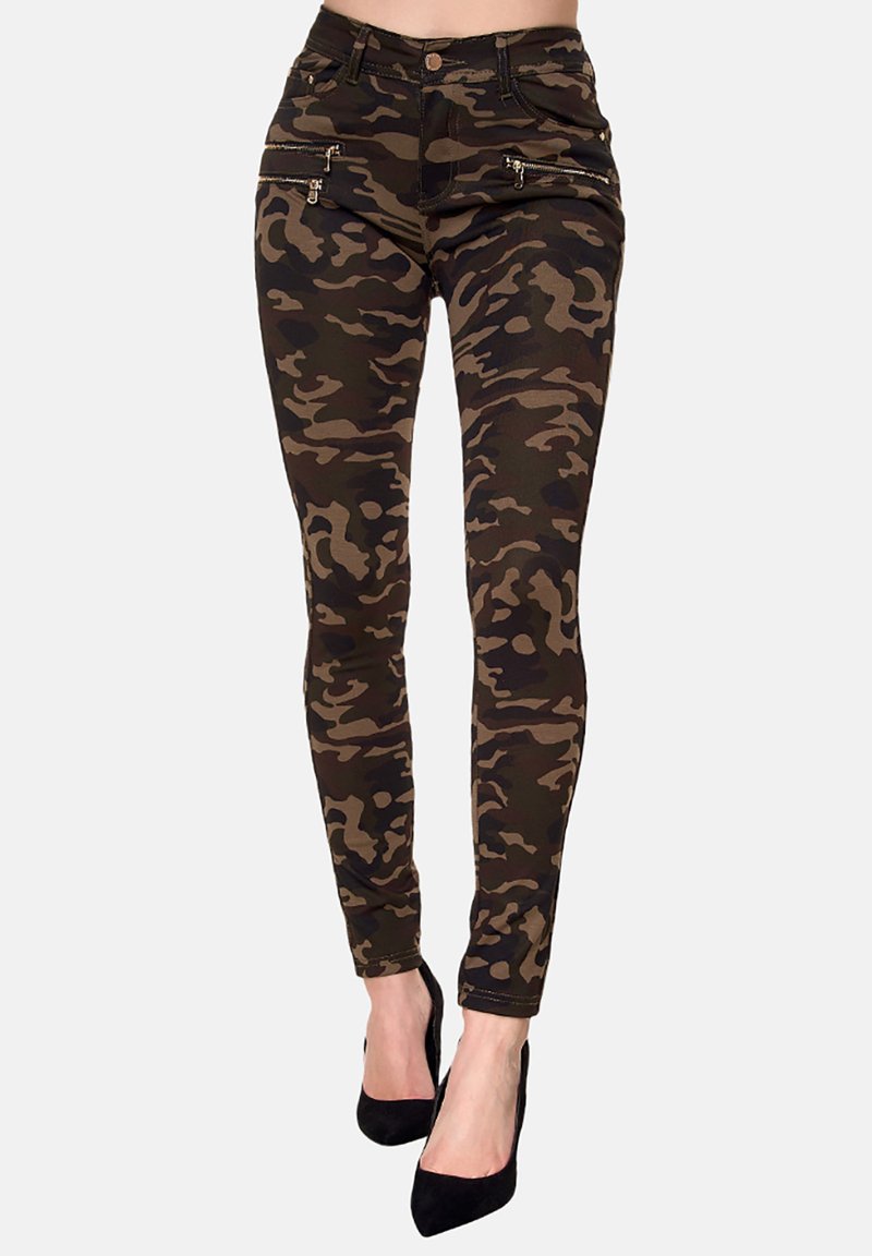 Tarnleggings in Grüntönen und Brauntönen mit Reißverschlusstaschen, enganliegendem Schnitt und glatter Textur.