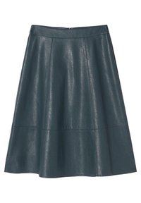 Una gonna in pelle color teal con un design svasato, caratterizzata da una vita aderente e cuciture orizzontali. La superficie ha una finitura lucida e testurizzata.