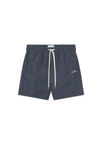 Pantaloni scurți de înot pentru bărbați, de culoare bleumarin, cu un model circular în roșu și albastru. Include o talie elastică, șnur de ajustare și buzunare laterale.