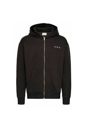 Melnā zip-up kapuce, kas izgatavota no kokvilnas maisījuma auduma, ar priekšējo kabatu, ribotām aprocēm un baltu "A.R.C." logo uz krūšu daļas.