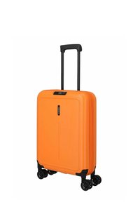 Hartschale Koffer in leuchtendem Orange, ausgestattet mit einem ausziehbaren schwarzen Griff, vier schwarzen Rädern und einem schlichten, linearen Design mit einem Schloss.