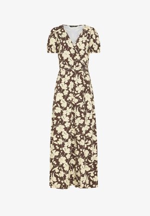 Abito avvolgente marrone con motivo floreale crema, maniche corte a sbuffo, scollo a V e cintura annodata in vita, lunghezza alla caviglia.