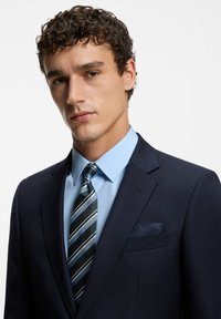 Jonge man met krullend haar, gekleed in een donkerblauw pak, lichtblauw overhemd en blauw gestreepte stropdas, die recht vooruit kijkt tegen een witte achtergrond.