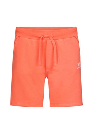 Koraalrode shorts van zacht materiaal, met een elastische tailleband met trekkoord, zijzakken en een bedrukt logo op de voorkant.