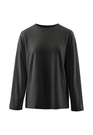 Prosty czarny longsleeve z okrągłym dekoltem, prezentowany na białym tle, o luźnym kroju i gładkim materiale.