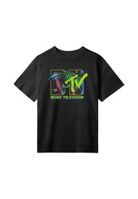Sort bomulds T-shirt med et farverigt MTV-logo, grafisk alien og rumelementer. Korte ærmer og en klassisk rund halsudskæring.