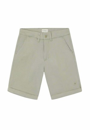 Pantalones cortos gris claro hasta la rodilla con bolsillos delanteros, cierre de botón, presillas para cinturón y detalle de dobladillo enrollado.