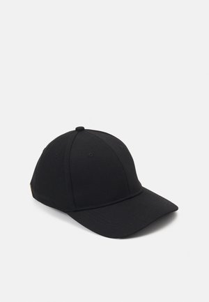Black baseball cap made of smooth fabric, featuring a curved visor, six-panel construction, and a small logo accent on the side.