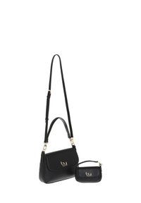 Borsa a tracolla in finta pelle nera con tracolla rimovibile, minuteria dorata, texture liscia e una pochette abbinata più piccola.