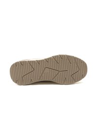 Shoe sole with rubber material, beige color, textured surface, featuring grooves and patterned tread for enhanced grip and stability.