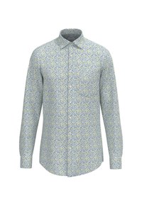 Lange mouwen shirt in lichtblauw met een gele bloemendessin, met een button-down kraag en een rechte zoom met licht afgeronde randen.