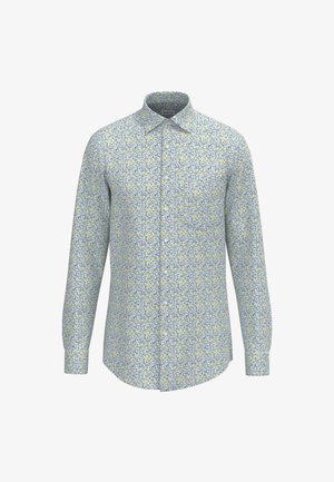 Košile s dlouhým rukávem v světle modré barvě se žlutým květinovým vzorem, vybavená límcem na knoflíky a rovním lemem se mírně zakulacenými okraji.