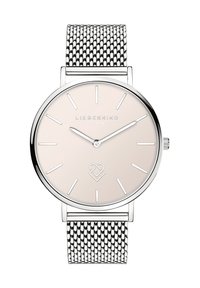 Zilveren mesh horloge met een ronde blush wijzerplaat, zilveren uurmarkeringen en een logo-detail. Heeft een minimalistisch ontwerp en een glad oppervlak.