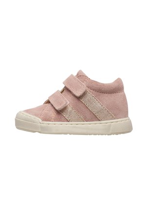 Pink toddler sneaker with two Velcro straps and white rubber sole, featuring textured side stripes on a plain white background.