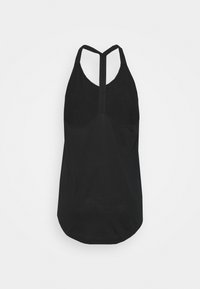 Sort atletik tanktop med afrundet kant, racerback-design og trekantede udskæringer, lavet af et let og åndbart stof.