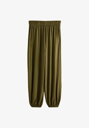 Pantaloni verzi măsliniu, croi larg, cu talie elastică și tivuri elastice, proiectați cu buzunare laterale și o siluetă relaxată.