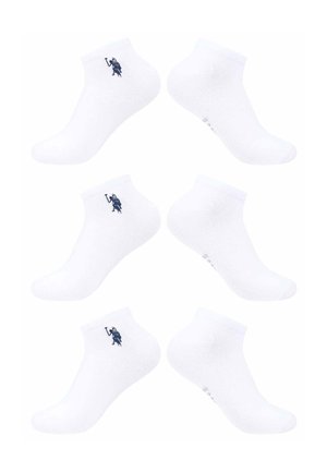 Three pairs of white ankle socks with a small navy blue horseman logo near the ankle opening, displayed from side views.