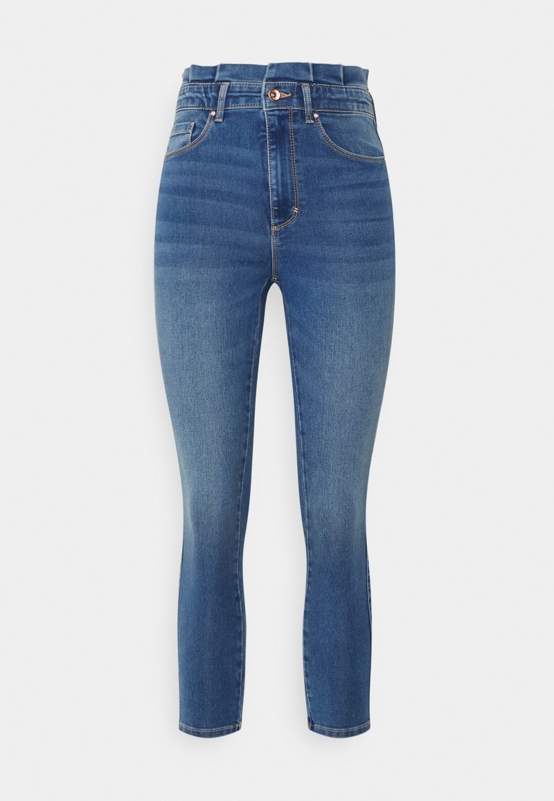 Blaue Skinny-Jeans aus Denim mit hoher Taille, ausgestattet mit fünf Taschen, Metallknopfverschluss und dezentem Farbverlauf an den Beinen.