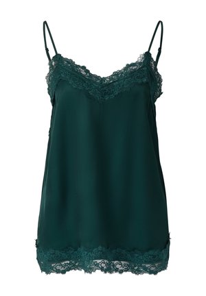 Dunkelgrünes Satin-Cami mit Spitzenbesatz entlang des Ausschnitts und Saums, mit dünnen verstellbaren Trägern und lockerem Schnitt.