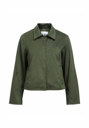 Olivgrüne, samtartige verkürzte Jacke mit langen Ärmeln, vorderem Reißverschluss, Kragen und Seitentaschen.
