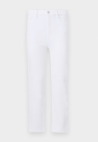 Jeans in denim bianco con taglio dritto, dotati di passanti per cintura, tasche frontali e chiusura con zip. Tessuto liscio e colore uniforme su tutta la superficie.