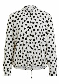 Camicia bianca con pois neri, maniche lunghe, cordoncino regolabile all'orlo e design colletto classico.