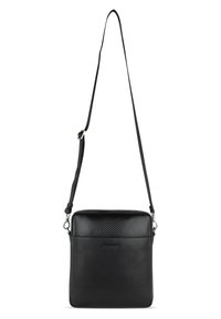 Borsa a tracolla nera in pelle con parte superiore in design fibra di carbonio, forma rettangolare piatta, tracolla regolabile e dettagli in hardware argentato.